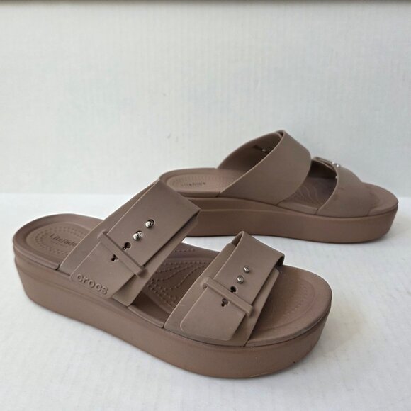 Crocs Sandals Womens 9 Beige Latte Brooklyn Buckle Low Wedge Platform - Picture 8 of 15